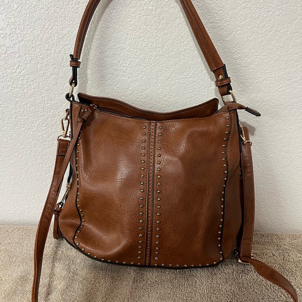 Brown Studded Leather Shoulder Bag